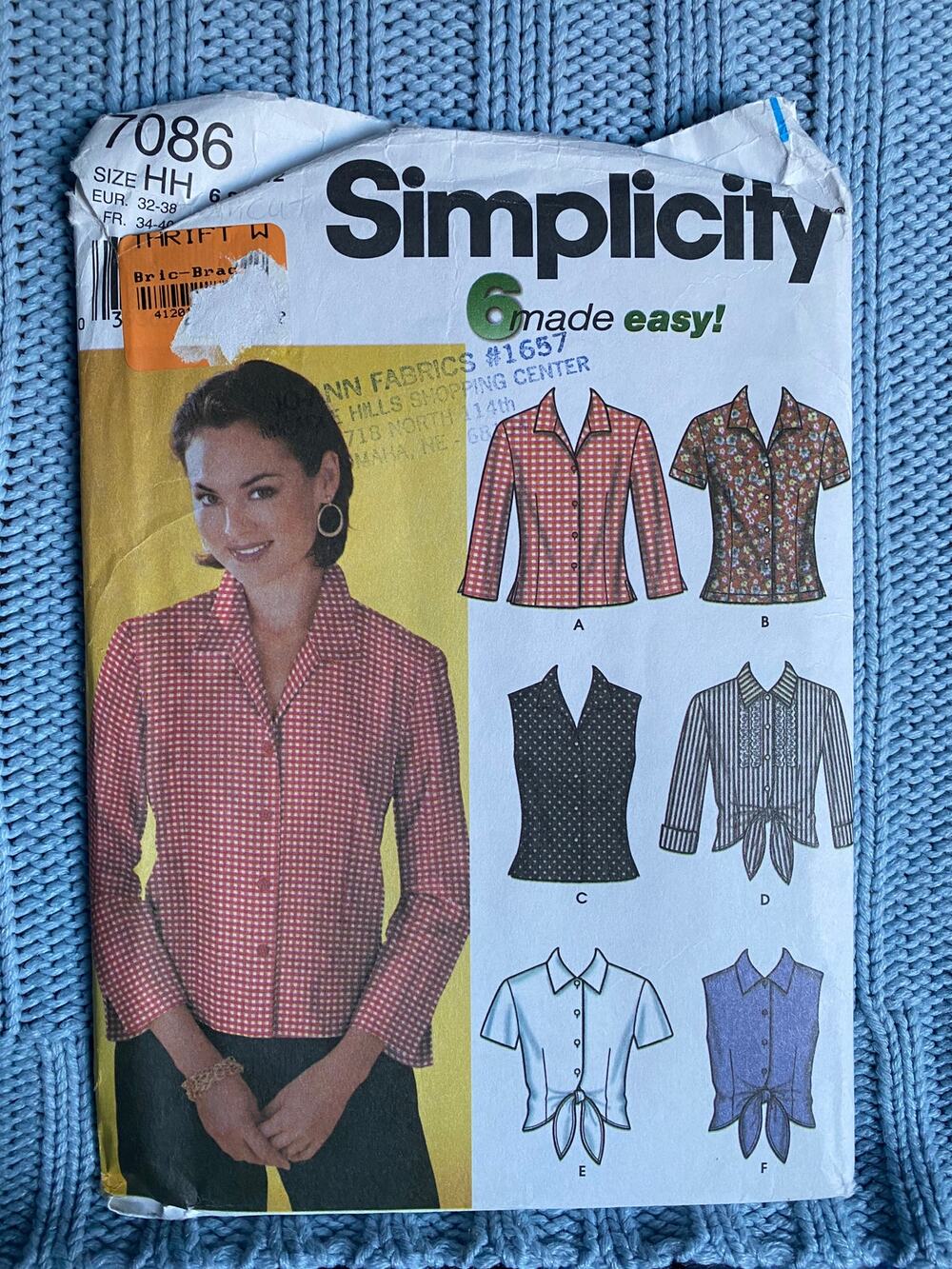 Simplicity 7086 Sewing pattern button down shirt blouse size 6 8 10 12